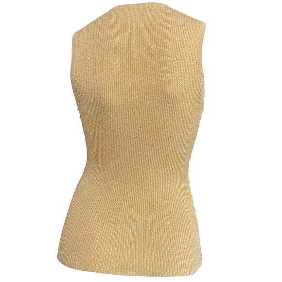 VINTAGE 90’s Caché Metallic Gold Pearls & Bead Sleeveless Cotton Ribbed Knit Top - Picture 3 of 4
